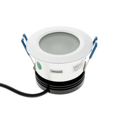 Round LED ceiling light T815550 with white edge, black base, blue clamp and black power cord. Ideal for modern home lighting solutions.