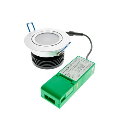 Circular LED downlight with wiring and green LED driver on a white background for energy efficient lighting solutions.