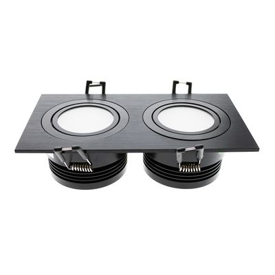Black rectangular recessed ceiling light with two round LED lamps and brackets for modern interiors.