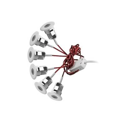 Six round LED lights with red wires connected to a white central power supply, in the shape of a fan; ideal for contemporary lighting solutions.