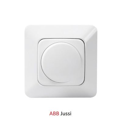 White ABB Jussi wall switch for LED lighting, round push button and square base, modern design.