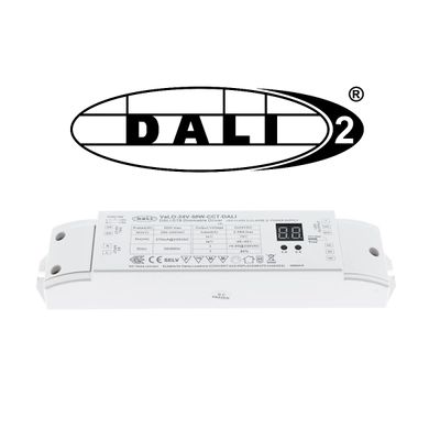 Alternative text: 'White DALI LED controller with technical information under the DALI 2 logo, which enhances the visibility of LED lighting in the store.