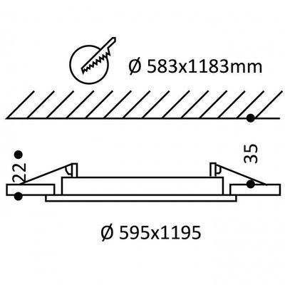 Technical diagram of a rectangular LED luminaire; Includes installation details, sawtooth icon and precise dimensions in millimetres.
