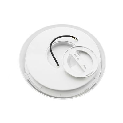 Alttext: top view of a white circular smoke detector with bare wires and mounting bracket on a white background, ideal for LED lighting.