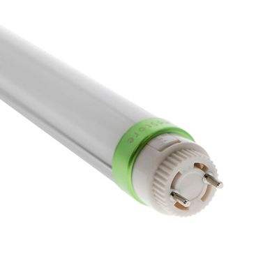 Fluorescent tube light with green base and metal pin, insulated white base; energy efficient LED lighting option.