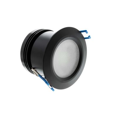 Black cylindrical recessed LED luminaire with frosted lens and blue wire connectors for modern lighting solutions.
