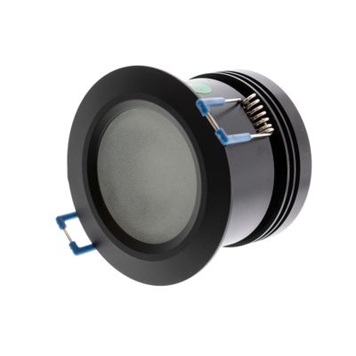Black circular electronic component with recessed surface and blue wiring, ideal for LED lighting installations, improving energy efficiency and performance.