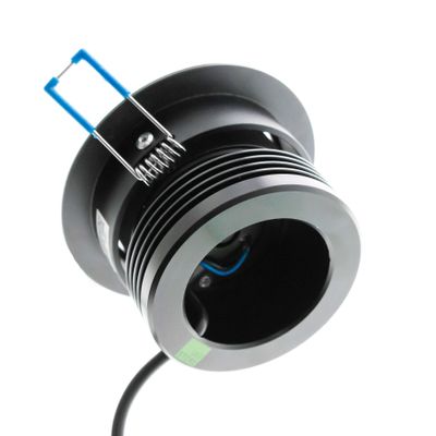 Close-up of a black recessed LED downlight with visible heat sink and blue mounting clips. Perfect for modern and efficient lighting solutions.