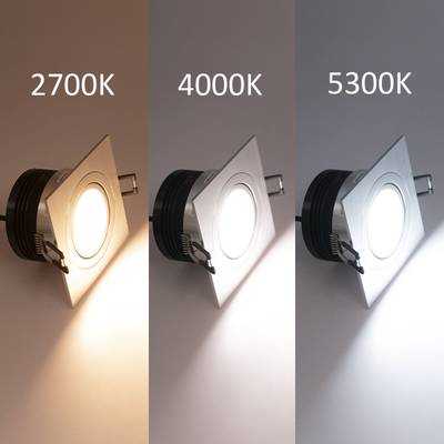Three square LED lights with warm white (2700K), neutral white (4000K) and cool white (5300K) from left to right.