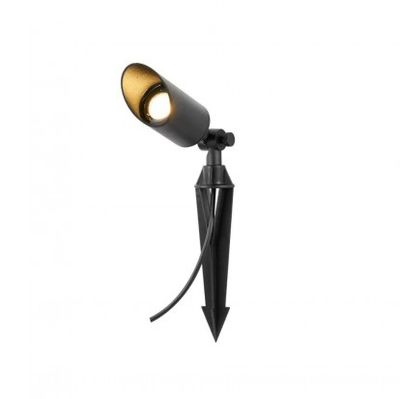 Black outdoor LED spotlight with adjustable head and spike mount, ideal for improving garden and landscape lighting.