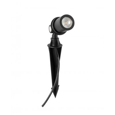 Black outdoor LED garden spotlight with spike base and attached power cord, ideal for highlighting your backyard landscaping.