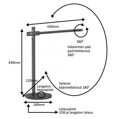 Table lamp diagram showing dimensions, 360° head rotation, 180° adjustable arm and USB/wireless charging capabilities for LED lighting motion SEO.