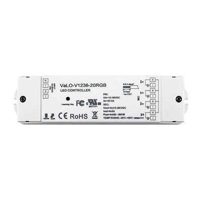 White rectangular VaLO-V1236-20RGB LED controller with technical data and certification symbols for optimal LED lighting control.