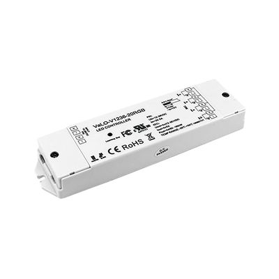 Rectangular LED controller with multiple ports, labelled technical data, certification marks and model number for efficient lighting control. Buy now in our LED shop.