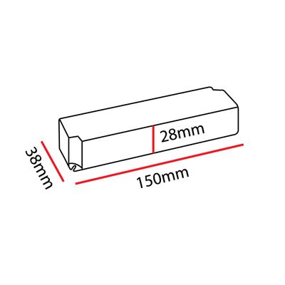 Diagram of LED lighting component: rectangular block with dimensions of 150 mm length, 28 mm width and 38 mm height in outline form.