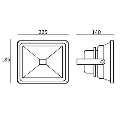 Schematic of a rectangular LED spotlight with dimensions: height 185 mm, width 225 mm, depth 140 mm; includes front and side views for reference.