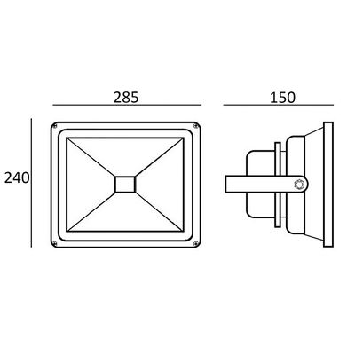 Technical drawing of a rectangular LED spotlight: front and side view, dimensions 285mm width, 240mm height, 150mm depth.
