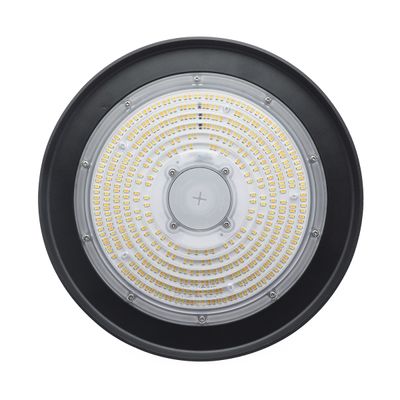 Round black LED luminaire with several small bulbs in circles, viewed from below. An energy efficient, modern industrial lighting solution.