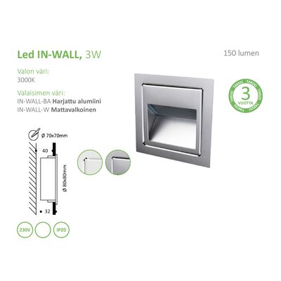 Indoor LED IN-WALL light fixture for stair lighting IP21, 3W, anodizing