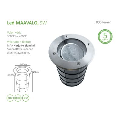 Led ground light for decking or ground, adjustable, 800 lm, 230V, IP67, 3000K