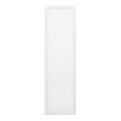A tall narrow blank white fabric with a simple frame standing vertically against a white background in a LED lighting movement.