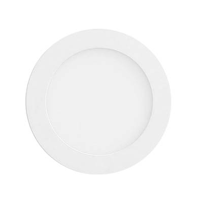 Round white LED ceiling light, energy efficient lighting solution with contrasting black background.