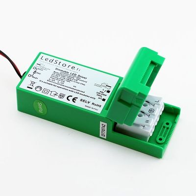 Green LED controller with open connector cover, clearly showing the label and specifications. Ideal for efficient lighting solutions.