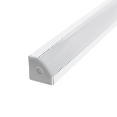 Close-up of a white LED light bar with semi-transparent cover and triangular end cover for energy efficient lighting.