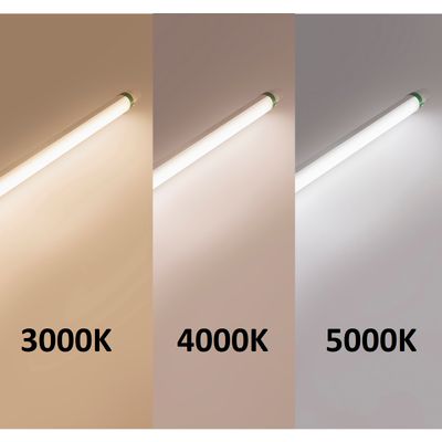 Image of three LED tubes displaying different colour temperatures: 3000K warm, 4000K neutral and 5000K cool for optimised lighting options.
