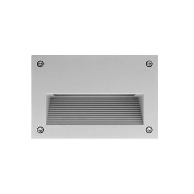 Recessed rectangular LED wall luminaire with horizontal grilles, fixed with four visible corner screws for a modern lighting design.
