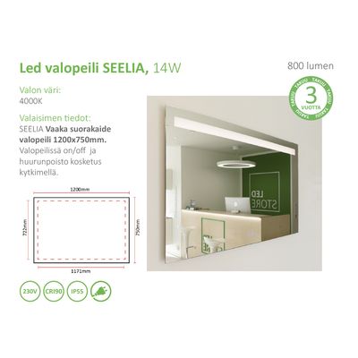 LED bathroom mirror light — SEELIA, 1200, water resistant IP55, 14W, high CRI90, 4000K