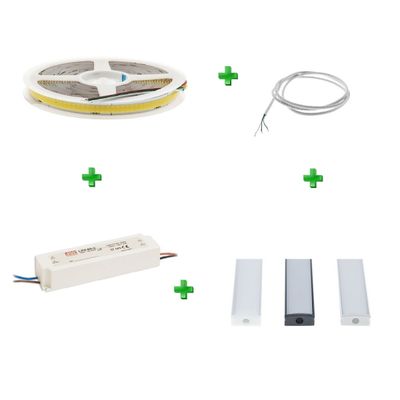 LED strip, connecting lead, power supply and 3 aluminium diffusers with green plus signs. LED lighting shop.