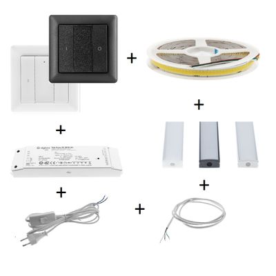 LED lighting components: switches, LED strip, rectangular panel lights, power supply, cable, plug