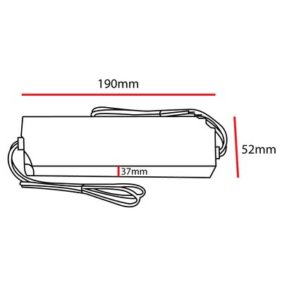 Line drawing of a rectangular LED controller, dimensions marked: length 190 mm, width 37 mm, height 52 mm. Cable extends from one end.