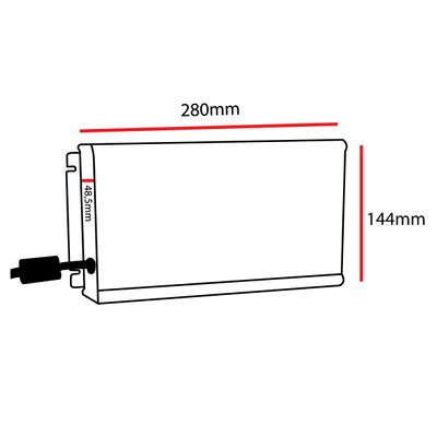 Diagram showing the dimensions of a rectangular electronic device: 280 mm width, 144 mm height and 48,5 mm depth; equipped with a side current lead, ideal for LED lighting applications.