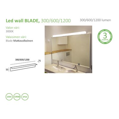 Rectangular LED wall light above bathroom mirror, 3000K warm colour, IP54 moisture resistance. Stylish and modern design.