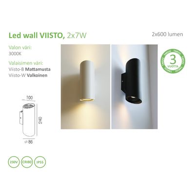 "Black and white cylindrical LED wall lights with product information and a 3 year guarantee label for the top LED lighting company SEO.