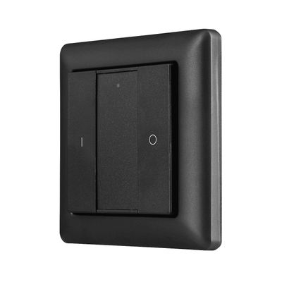 Modern black double light switch with square design, featuring "I" and "O" symbols for on/off positions; ideal for LED lighting.