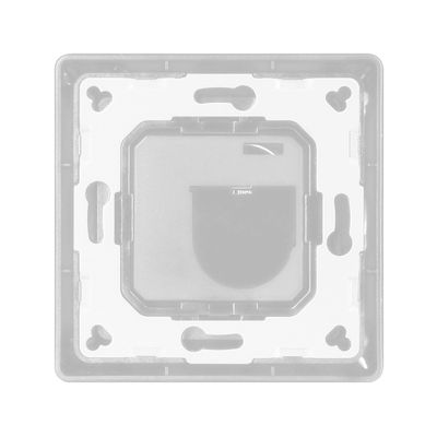 Alternative text: 'Square electronic component with black centre, transparent bezel, keyhole openings - LED lighting retail product