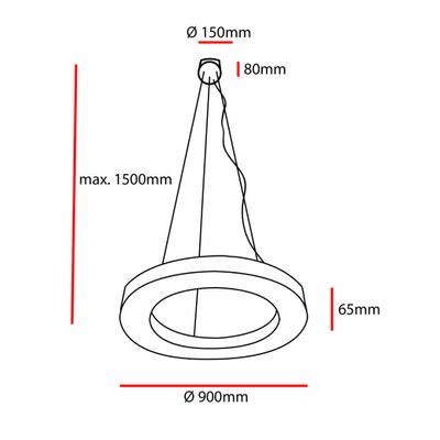 Line drawing of a circular pendant light, diameter 900 mm, top diameter 150 mm, height 65 mm, maximum drop 1500 mm for LED lighting movement SEO.