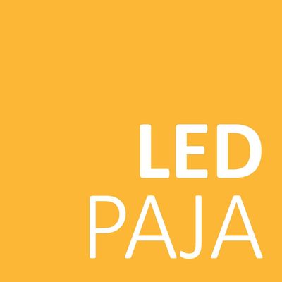 Yellow square background with white text "LED LAMP", "LED" on top and "LAMP" below, advertising a LED lighting store.