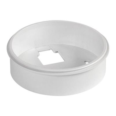 "White plastic round LED light holder with square cut-out and screw holes for mounting