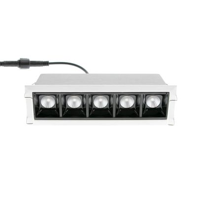 Alternative text: rectangular metal LED dimmer with five controls and attached black cable for precise control of shop lighting.