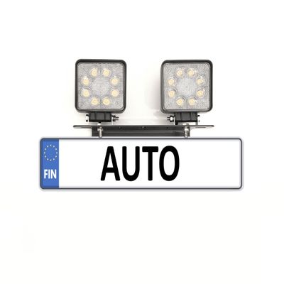 Close-up of a number plate with the word "AUTO", above which are square LED lights and the word "FIN" on a white background.