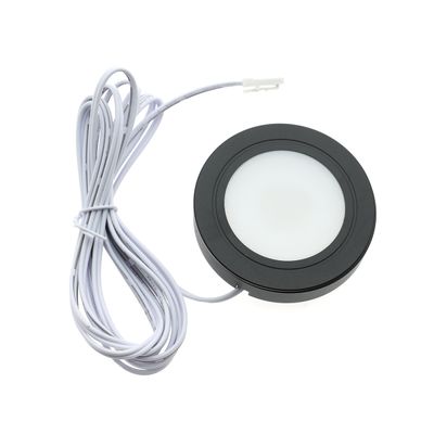 Round LED disc light with black rim and twisted white wire, perfect for modern lighting solutions.