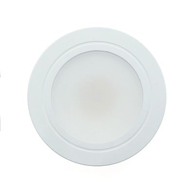 Round white LED ceiling light with frosted cover, viewed from below against a white background. Ideal for energy efficient lighting in contemporary interiors.