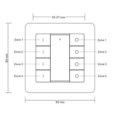 Diagram of an intelligent LED light switch, 80x80 mm, with four zones marked Zone 1 to Zone 4, ideal for precise control and adaptation of lighting.