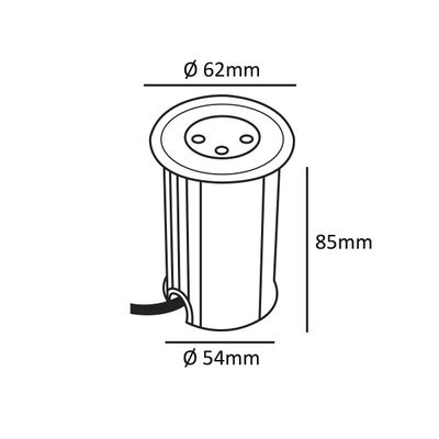 Diagram of a cylindrical LED luminaire with dimensions: height 85 mm, top diameter 62 mm, bottom diameter 54 mm and cable attached.