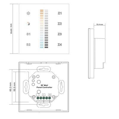 Diagram of RF wall panel controller, front and side view; includes buttons and dimensions in millimetres for controlling LED lighting.