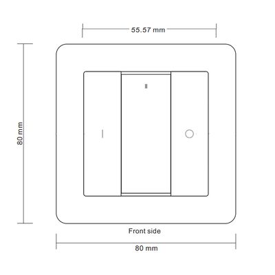 Alternative text: technical drawing of a square electric switch, front view; dimensions marked: 80 mm harness, centre 55,57 mm.